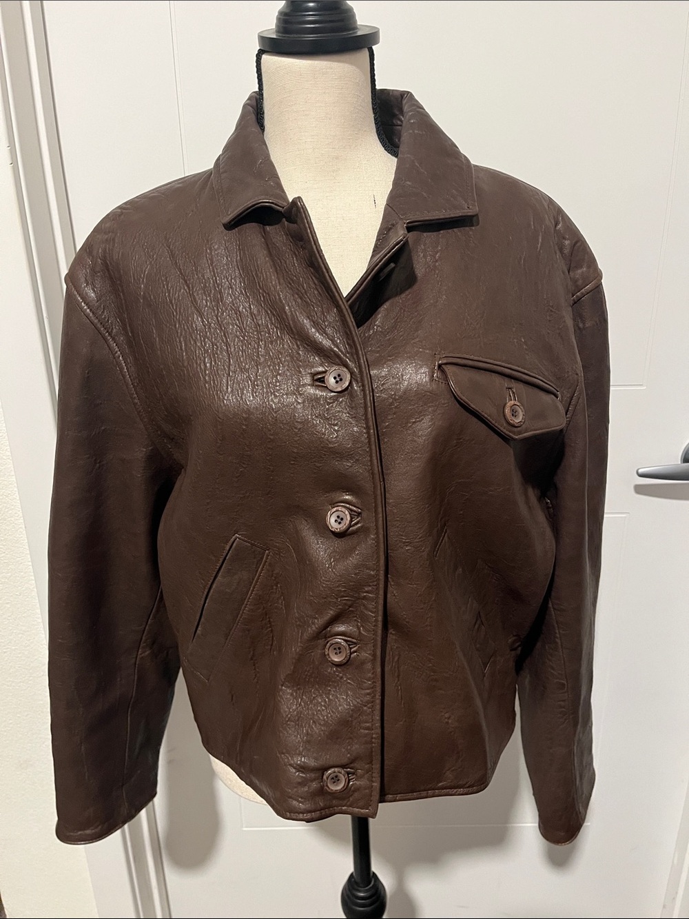 Vintage Ann Taylor Leather Brown Button Pockets Jacket Classic Closet Staple